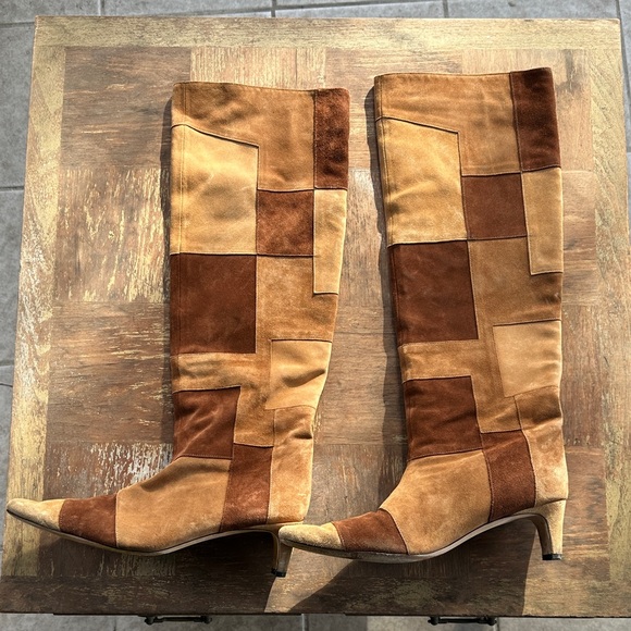 STAUD Shoes - STAUD Wally Patchwork Heeled Boots in Tan and Brown Penny Lane